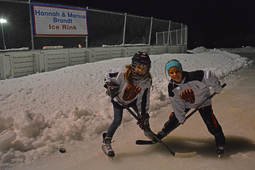 Kylee Knight and Lily  Peltier of the White Bear Lake Bear's hockey team, tried out the newly-dedicated Hannah and Marissa Brandt Ice Rink in Vadnais Heights, Minnesota.