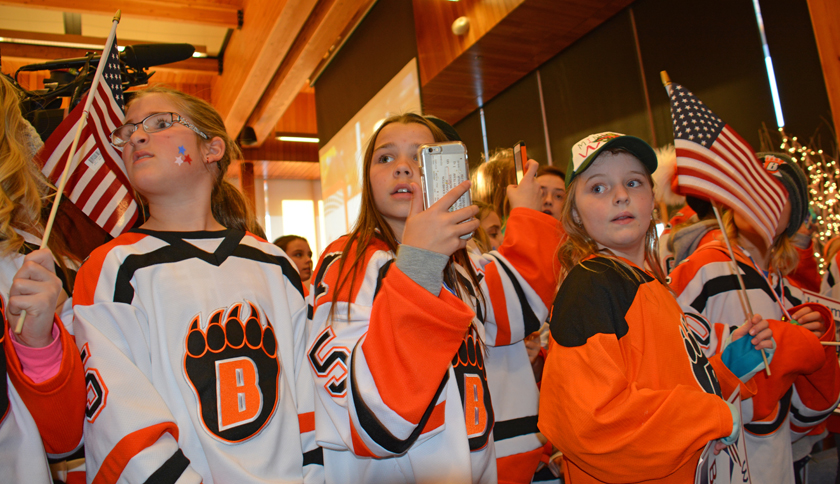 White Bear Lake, Minnesota, elementary school girl's hockey team members greet the Brandt sisters at their welcome home party in Vadnais Heights, Minnesota.